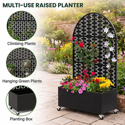 Veemuaro Metal Planter Box with Trellis, 70" H × 46" L Freestanding Outdoor Raised Garden Bed with Privacy Screen, Wheels and Drainage Holes, Arched Privacy Screen Planter Box for Backyard and Garden