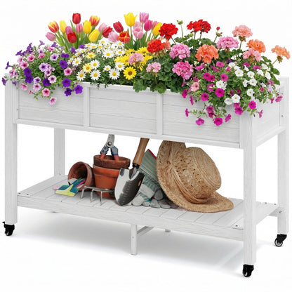 DWVO 47x18x3in Raised Garden Bed HDPE Outdoor with Legs and Lockable Wheels, Weather-Resistant Poly-Wood Elevated Planter Box, Double Tier Planters for Backyard Patio Balcony, White