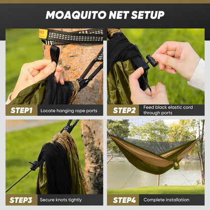 Camping Hammock with Mosquito Net, 600 lbs Portable Hammock with Tree Straps, 2-in-1 Double/Single Travel Hammock Tent for Outside/Indoor/Backpacking/Beach - Green & Khaki