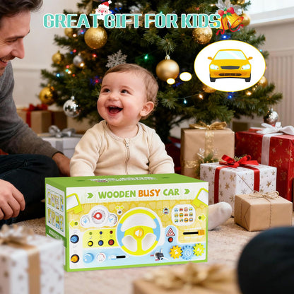 Yuyctwg Montessori Busy Board Car Steering Wheel Toy for Toddlers 1-3, Wooden Sensory Activity Board with Light Sound, Educational Toys for Fine Motor Skills, Birthday Gift for Boys Girls