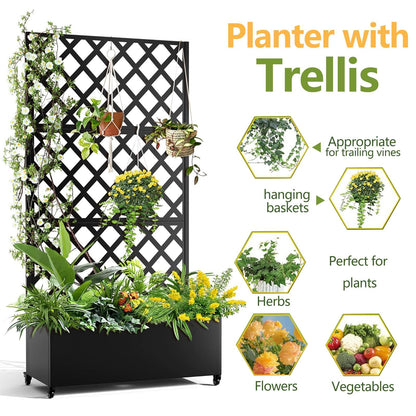 GAOMON Metal Planter Box with Diamond Lattice Trellis & Wheels, Raised Garden Bed w/Privacy Screen & Drainage Hole for Climbing Plants, Flower & Vine (72 in x35 in Black)