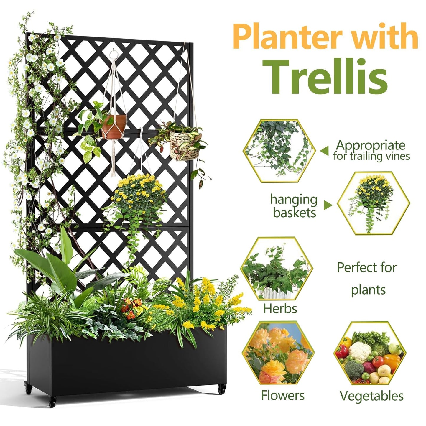 GarveeLife Metal Planter Box, with Diamond Lattice Trellis Planter Box, for Climbing Plants and Vines, Galvanized Raised Garden Bed on Wheels, Garden Bed with Trellis(72"x35" Black)