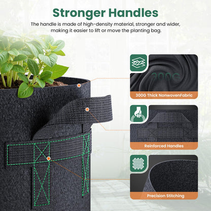 Jorvila 5 Pack 15 Gallon Grow Bags, Thickened Nonwoven Fabric Planter Pots with Handles, Heavy Duty 300G Garden Pots for Tomato, Potato and Vegetable