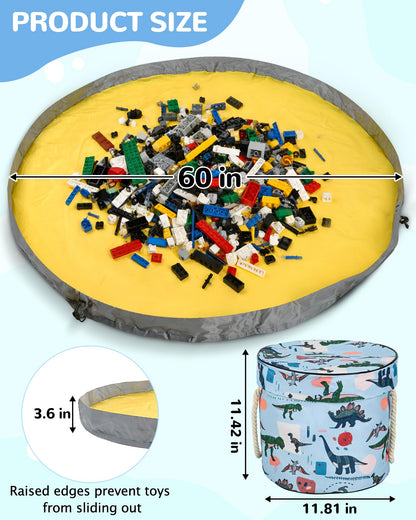 Toy Storage Organizer, Foldable Bag with 60" Play Mat for Kid, Playroom Basket Bin with Lid for Building Scattered Blocks, Thin Toy Mats Are Perfect for Homes with Carpets, Blue Dinosaur