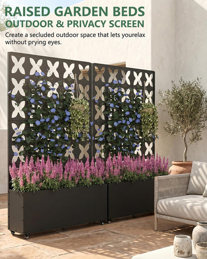 FOLAWO Metal Planter Box with Trellis,70.9"x47.2"x15.7" Raised Garden Bed with Drainage Holes, Privacy Planters for Outdoor Garden Bed for Climbing Plants,Vegetables,and Vines, Black-X