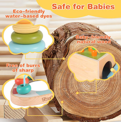 Twefex Wooden Montessori Learning Toys Kit,Babies Toys Set for 1 Year Old, Sensory and Thinking Play kit for Toddlers (Boys and Girls). 4 in 1 Drop Box; Rocking Stacker; Bead Maze.