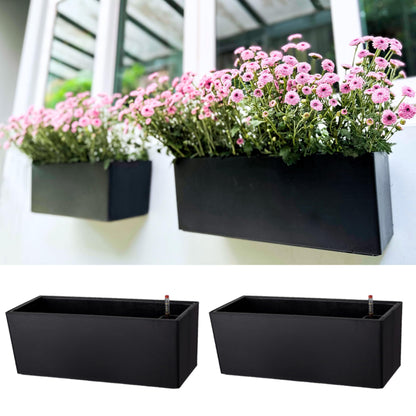 LaLaGreen Wall Planters for Outdoor (2 Pack, 14 Inch) Black Self Watering System Hanging Plant Box Flower Pot, Rectangular Wall Mount Indoor Vertical Living Garden Decoration Window Sill Herb Trendy