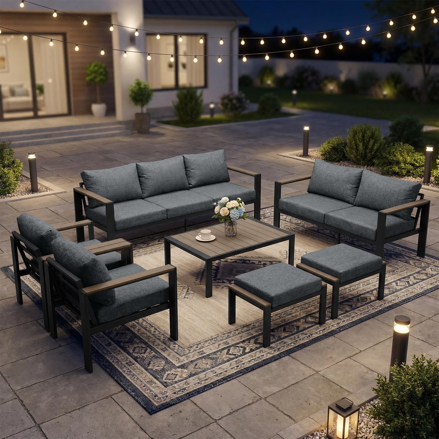 SAILARY Outdoor Patio Furniture Set 7 Pieces Luxury Aluminum Patio Conversation Set with Coffee Table and 2 Ottoman 9 Seats, Thick Cushions, Large Sectional Sofa for Porch, Balcony, Deck, Yard, Gray