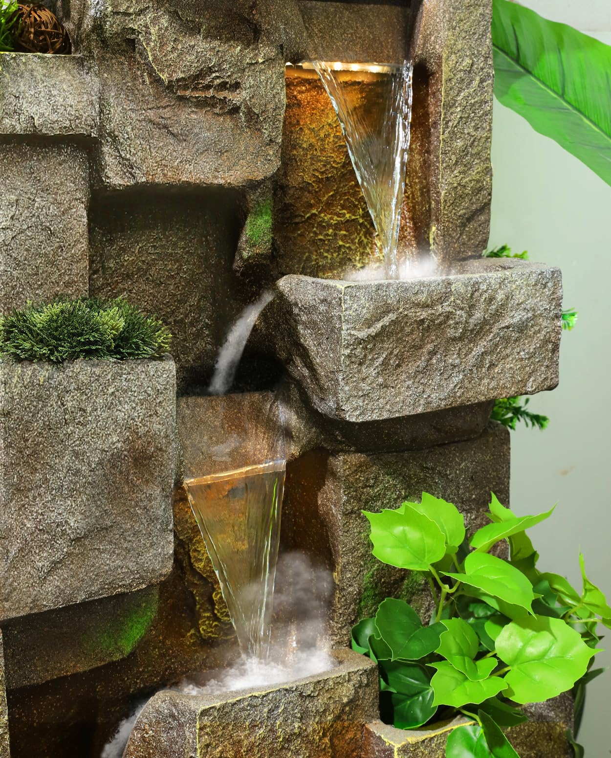LOTCAIN 48.6" Water Fountain Outdoor Floor-Standing Garden Fountains with LED Lights 3 Tier Modern Waterfall Fountain Decor Rock Fountain for Patio Garden Yard Backyard Porch Home Art Decor, Yellow