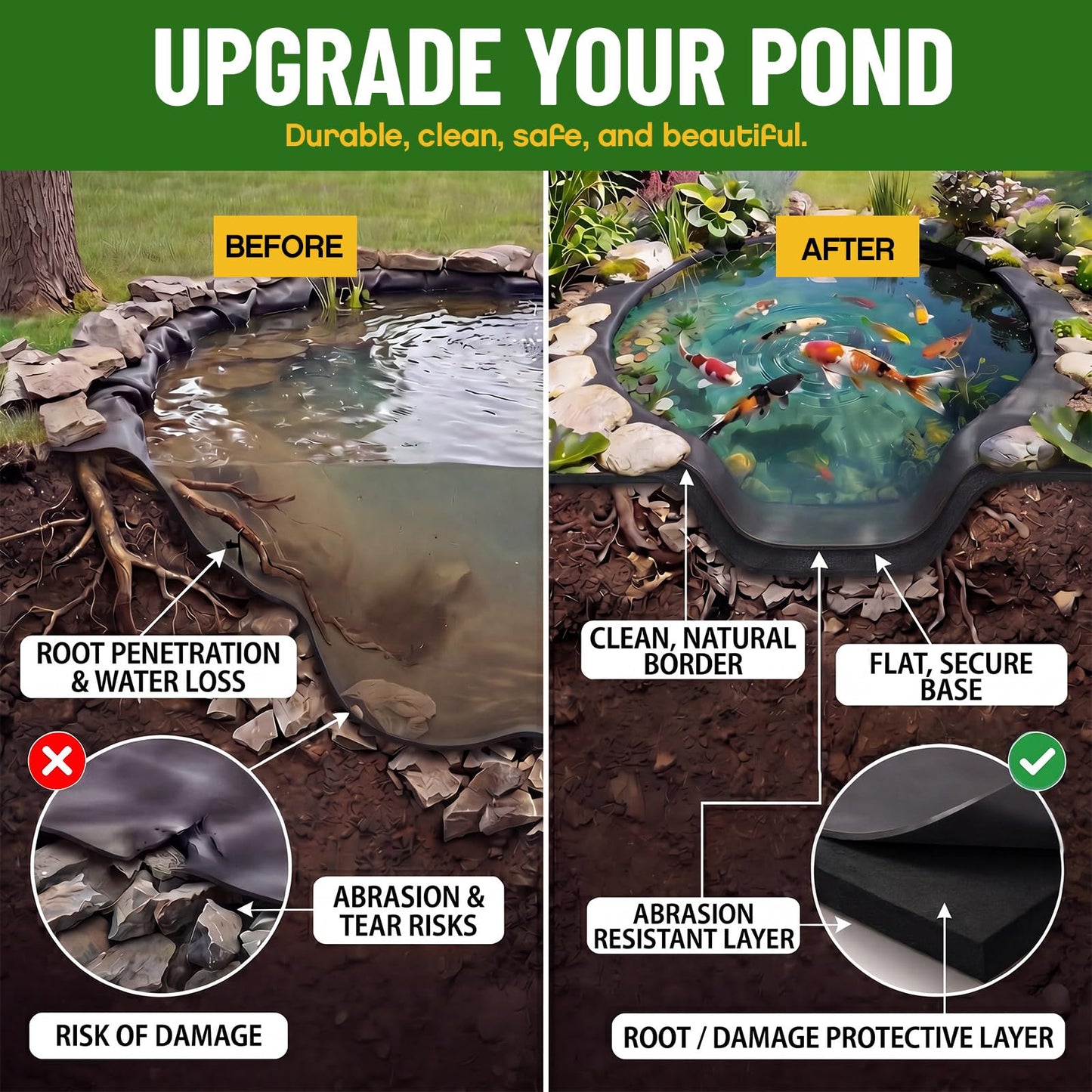 Fanfanwin 20 x 20 ft Pond Liner Underlayment 6oz Heavy Duty Black Non Woven Geotextile Underlayment Fabric with 10 U-pins for Outdoor Pond Streams Fountains Garden Waterfalls Fishpond Weed Barrier
