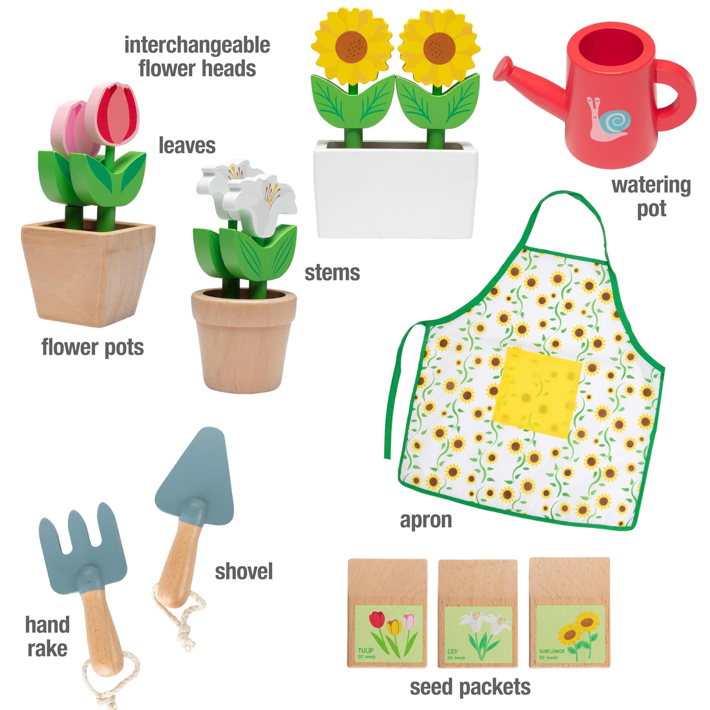Bloom & Grow Gardening Center Wooden Toy Indoor Playset- 22 Pc Garden Stand Set w Flowers, Seed Packet, Pots Shovel Rake Apron Watering Pot- Interactive Fun Pretend Playtime Activity, Kids Summer Gift