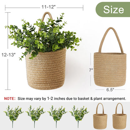 Dahey 2 Pack Wall Hanging Rope Basket (6.5"W×7"H) with Artificial Eucalyptus, Jute Woven Storage Organizer Flower Plants Basket Farmhouse Rustic Wall Decor for Porch Living Room Bedroom Entryway,Brown