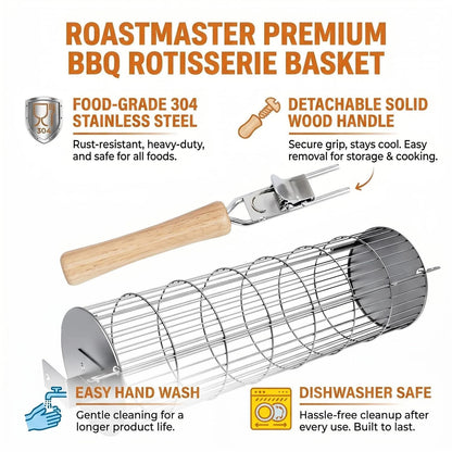 2-Pack Rolling Grill Basket with Detachable Handle, Upgraded Easy-Open Vegetable Grill Basket Set, 304 Stainless Steel BBQ Grilling Basket for Outdoor Grill Veggies, Fish, Meat- Gift for Men/ Dad/ Husband