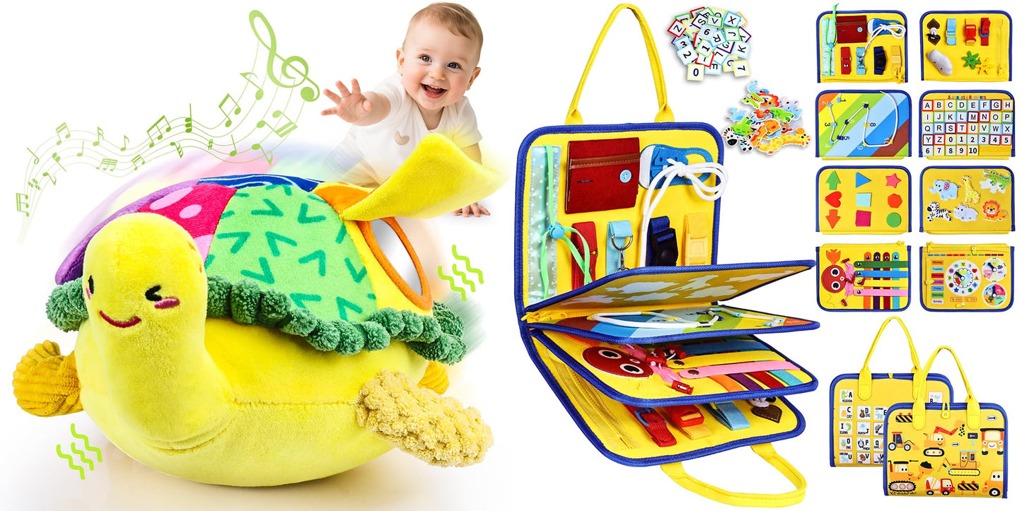 Esjay Crawling Musical Turtle Plush Toy and Busy Board, Dancing Bouncing Recording Walking Sensory Toys for Boys Girls Toddlers, Yellow