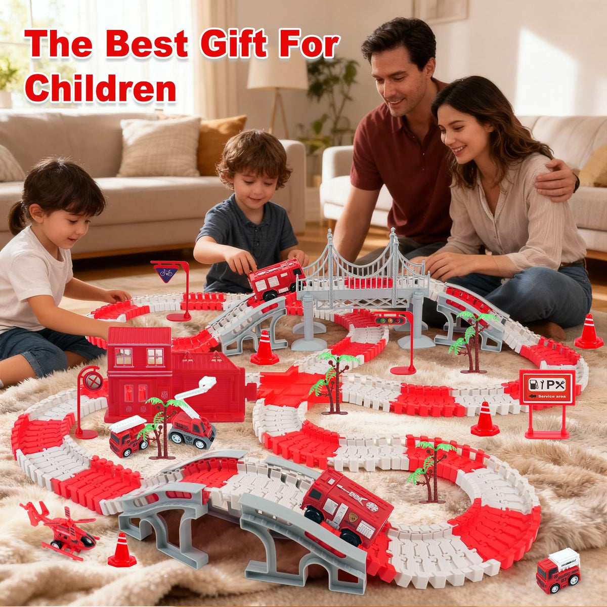 BEMITON Race Track Playset for Kids - Flexible DIY Car Track Toy, Educational Birthday Gift for Boys Ages 3 4 5 6 7, 330+ PCS Building Kit with Fire Trucks