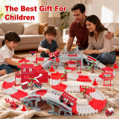 BEMITON Race Track Playset for Kids - Flexible DIY Car Track Toy, Educational Birthday Gift for Boys Ages 3 4 5 6 7, 330+ PCS Building Kit with Fire Trucks