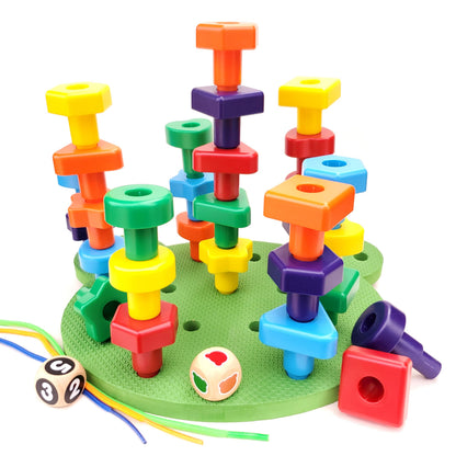 Jumbo Stacking Shapes Pegboard Set for Kids with 18 Pegs, 2 Wooden Dice, Lacing String & Storage Box (Standard Rainbow Colors)