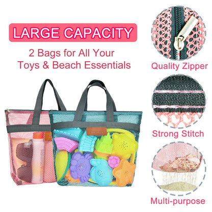 Aclarastra Collapsible Beach Sand Toys for Kids - Travel Beach Toys with 2 Collapsible Beach Buckets, Mesh Bags, Sand Castle Molds, Sand Bucket Shovel Set Sandbox Toy for Toddlers Kids