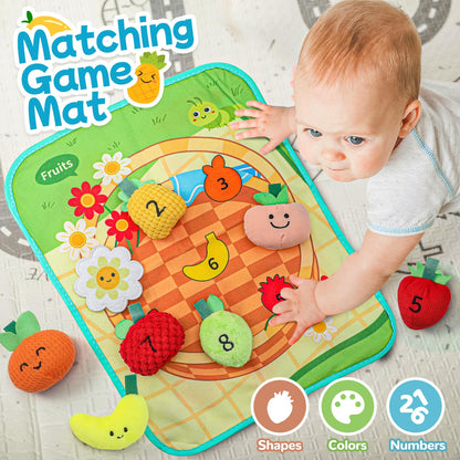 Mini Tudou Baby Toys 6-12 Months-Fruits Veggies Farm Stuffed Toys 15PCS-Sensory Educational Toy Mushroom Carrot with Rattle Squeaker Crinkle Texture Color Shape Number Matching Gifts