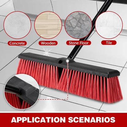 18 Inch Heavy Duty Push Broom Outdoor with 63" Long Handle Stiff Bristle Brush for Patio,Deck,Driveway,Garage,Yard,Warehouse&Concrete Floor Cleaning (Red)