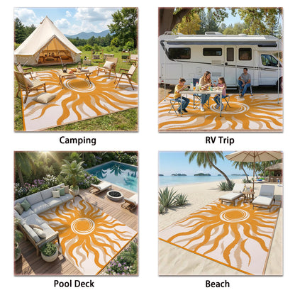Garvee Outdoor Rug 8x10 Waterproof Patio Rugs with Boho Sun Pattern, Reversible Plastic Straw Camping Rugs Outdoor Indoor RV Mat Carpet for Deck, Backyard, Picnic, Porch, Balcony, Beach, Orange