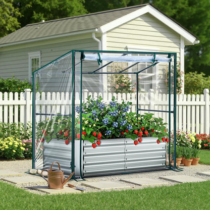 Ohuhu Raised Garden Bed with Cover Outdoor, 4x2x1 FT Galvanized Metal Planter Box with PVC Greenhouse Cover, Protects Plants from Frost Birds Insects, 3-in-1 Gardening Set for Vegetable Flower Herb