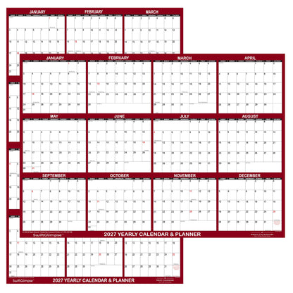 32" x 48" SwiftGlimpse 2027 Wall Calendar Erasable Large Wet & Dry Erase Laminated 12 Month Annual Yearly Wall Planner, Reversible, Horizontal/Vertical, Burgundy