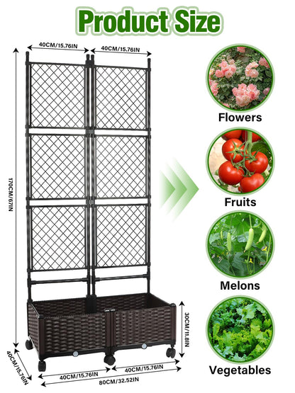 Kalolary 170CM Raised Garden Bed with Metal Trellis, Large Plastic Planter Box with Drainage Hole on Wheels Tomato Planters Climbing Trellis Outdoor Indoor for Climbing Plants Vegetable Flowers Vine