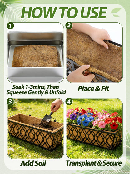 24in Tapered Coco Liners for Window Planter Box - 2 Pack 100% Natural Coconut Coir Fiber Liner Replacement for Deck Flower Box, Garden Railing Fence Wall Planter Basket