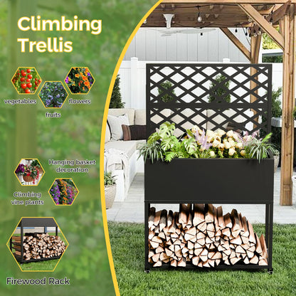 Metal Planter Box with Trellis, 3 in 1 Raised Garden Bed with Trelli & Firewood Rack, Privacy Planter Screen for Climbing Plants, Vine, Outdoor Garden Standing Beds with Drainage Holes, Wheels,Black