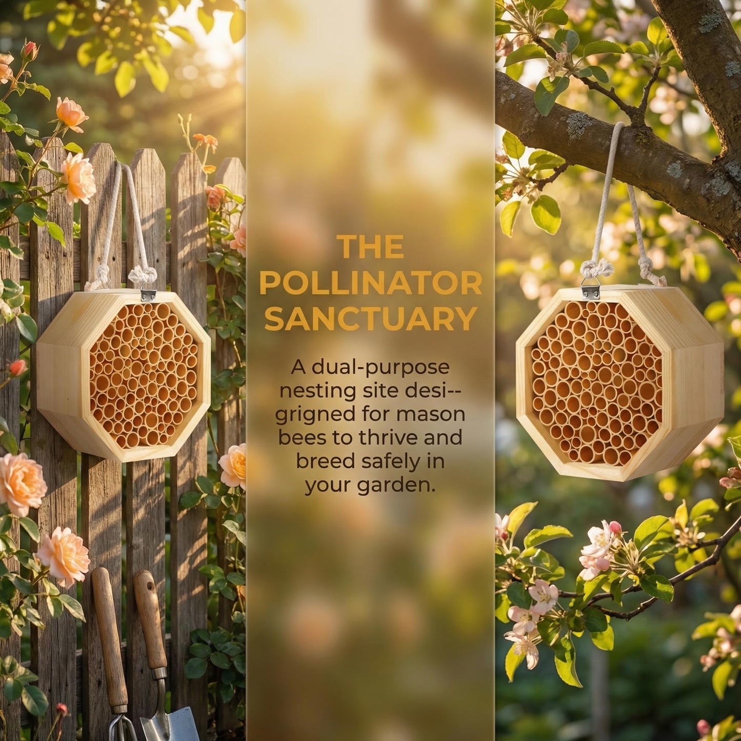 Mason Bee House - Handcrafted Natural Wooden Bee Hotel with Waterproof Wax Coating - Attracts Peaceful Pollinators, Enhances Garden Productivity