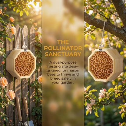 Mason Bee House - Handcrafted Natural Wooden Bee Hotel with Waterproof Wax Coating - Attracts Peaceful Pollinators, Enhances Garden Productivity