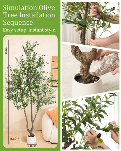Sillaff Olive Tree 7FT Fake Tree Large Artificial Tree Indoor Faux Plants with Pot, Nearly Natural Olive Branches and Fruits for Living Room Home Office Decorations