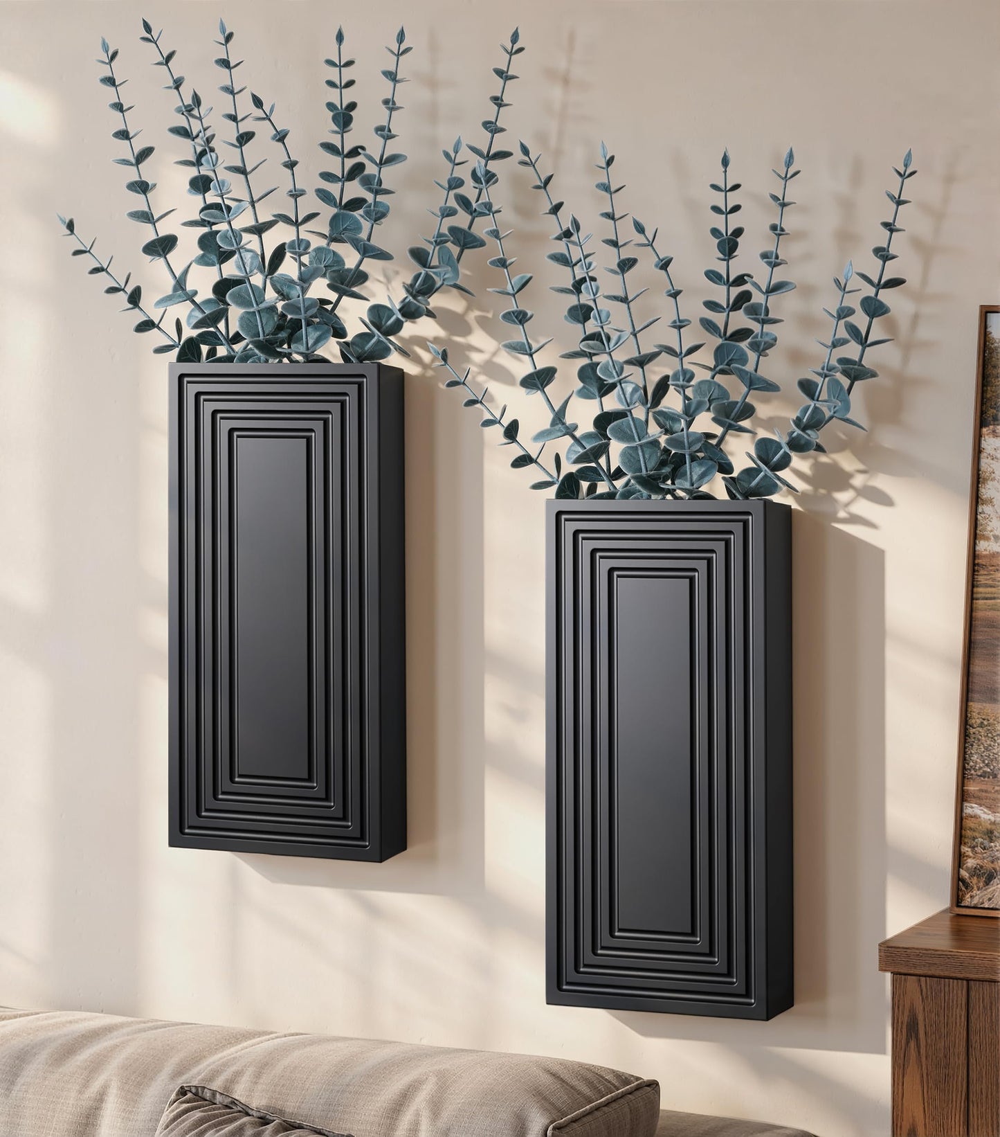 FancyPlus Wooden Wall Planter Vase, 2 Pack Black Wood Hanging Vases with Fake Eucalyptus for Indoor Modern Boho Farmhouse Wall Art Decor for Home Indoor Kitchen Modern Farmhouse Bathroom