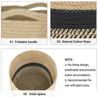 Dahey Jute Rope Plant Basket Modern Woven Storage Basket for 10.5" Indoor Planter, Decorative Flower Pots Cover Laundry Bin with Handle Rustic Home Decor, Black