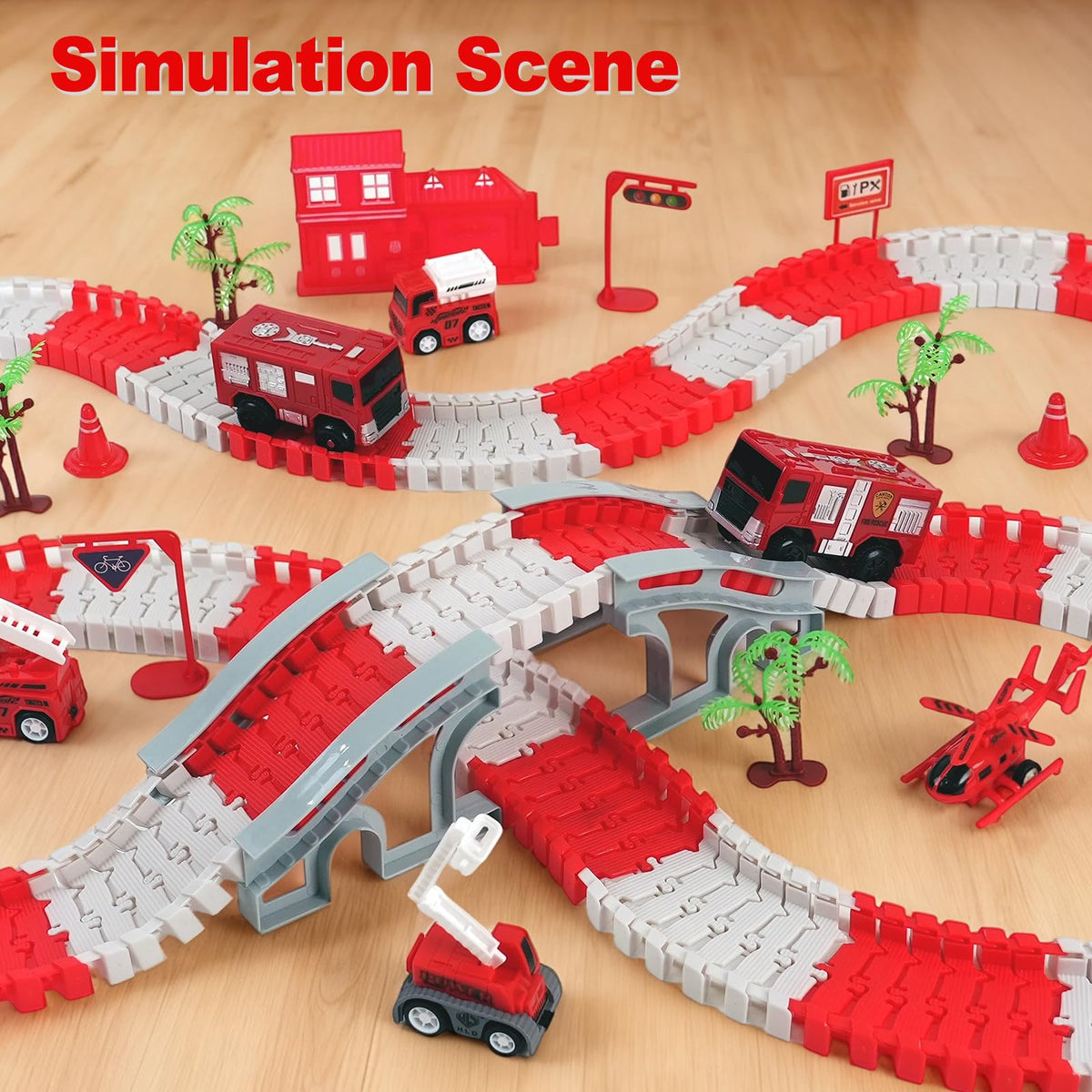 BEMITON Race Track Playset for Kids - Flexible DIY Car Track Toy, Educational Birthday Gift for Boys Ages 3 4 5 6 7, 330+ PCS Building Kit with Fire Trucks