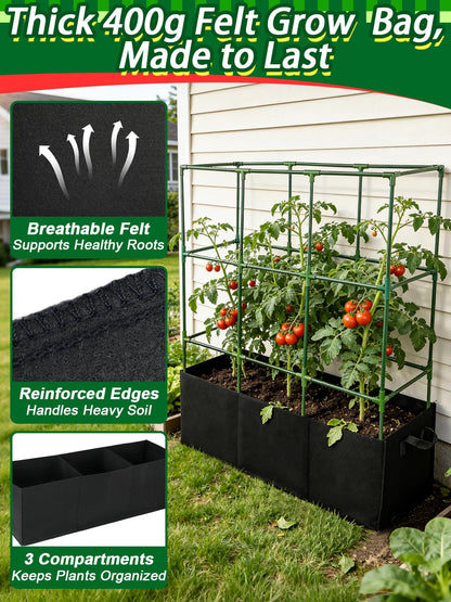 Tomato Cage with 3 Compartment 51 Gallon Grow Bag - 47" L × 15.7" W × 45" H Heavy Duty Square Tomato Planter Trellis, Easy to Assemble, for Garden Patio Balcony Climbing Vegetables Flowers Fruits