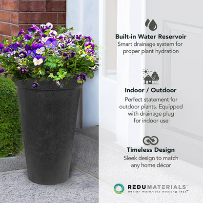 Tierra Verde Indoor & Outdoor Self-Watering Tall Round Planter, Aria, 12.5" x 20", Black - Planting Containers for Plants and Flowers - Gardening and Landscaping Accessories