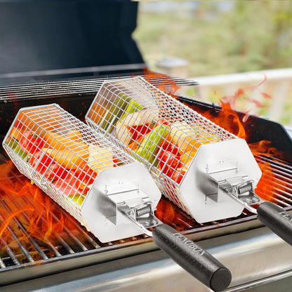 Hexagonal Rolling Grilling Basket Set, 2 PCS Stainless Steel BBQ Grill Baskets with Removable Wooden Handles, Large & Small Nestable Design for Outdoor Camping, Ideal for Vegetables, Meat & Seafood on Gas/Charcoal Grill