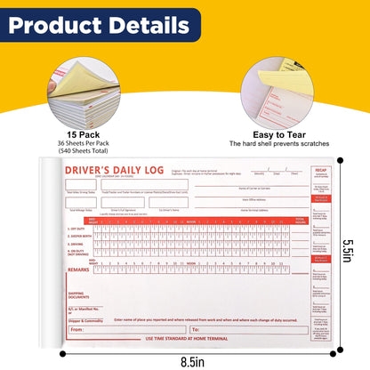 15 Pack Daily Log Books for Truck Drivers with 7 & 8 Day Recap, Driver Log Books with Grid Sample, 2-Ply Carbonless, 36 Sets of Forms per log book, 8.5" x 5.5" , Meet Requirements