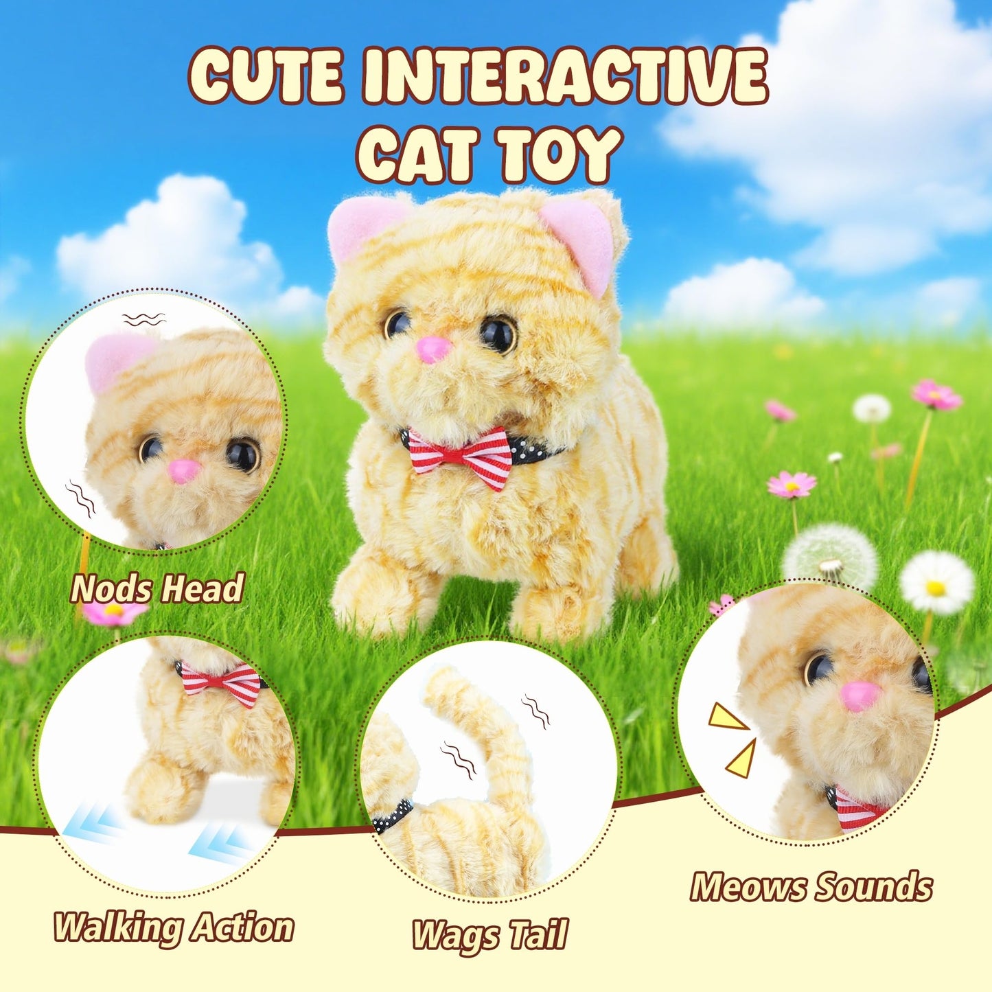Walking Kitten Toy for Kids, Interactive Electronic Plush Toy with Meows Tail Wagging Head Shaking 2 Speed Modes, American Shorthair Stuffed Animals Gifts for Christmas Birthday Toddlers Yellow 7.5''