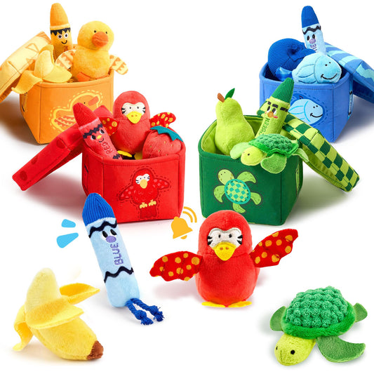 JoyCat Montessori Baby Toys 6-12 Months, 12 PCS Sensory Color Sorting Boxes with Animal Fruit Crinkle Crayon Pushies, First Learning Toys for 1 Year Old Baby Toys 0-12 Months
