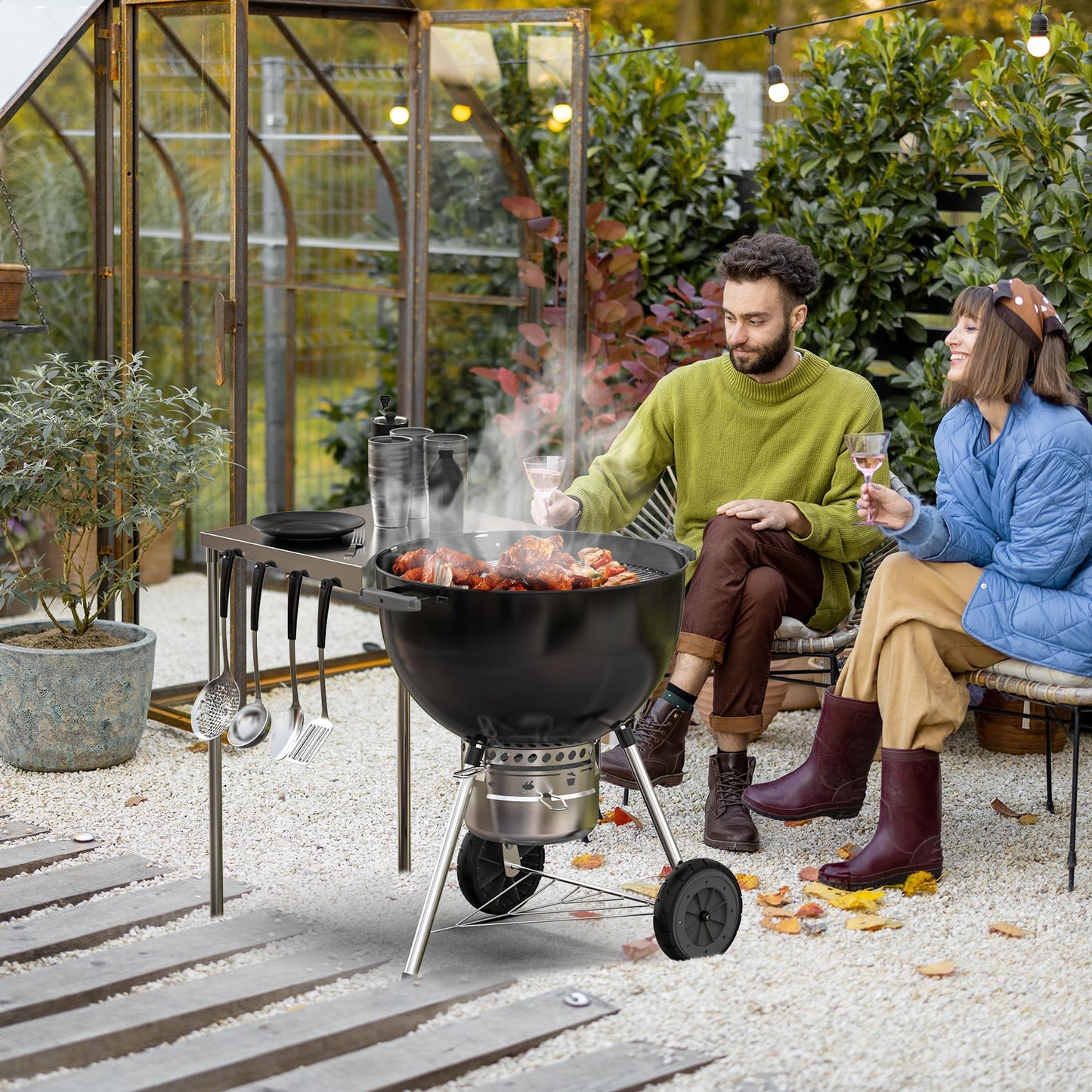 Charkettle Stainless Steel Kettle Grill Side Table/Shelf, Compatible with Weber 18"/22" Grills, Charcoal Kettle Grill Accessories with Adjustable Height