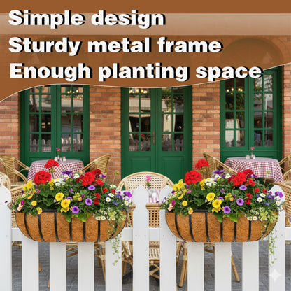JFFLYIT 2 Pcs 16“ Railing Planter Window Box Deck Railing Planters Boxes with Coco Liner English Horse Trough Planters Metal Wall-Mounted Planter Basket for Outdoor Balcony Porch Fence Patio Rail