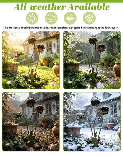 HUBAI Whimsical Metal Carnivorous Plant Garden Stake, 25-Inch Large Venus Flytrap Monster Plant Sculpture, Durable Yard Art for Flower Beds, Patios, Planters, Unique Quirky Garden Decor (Green)