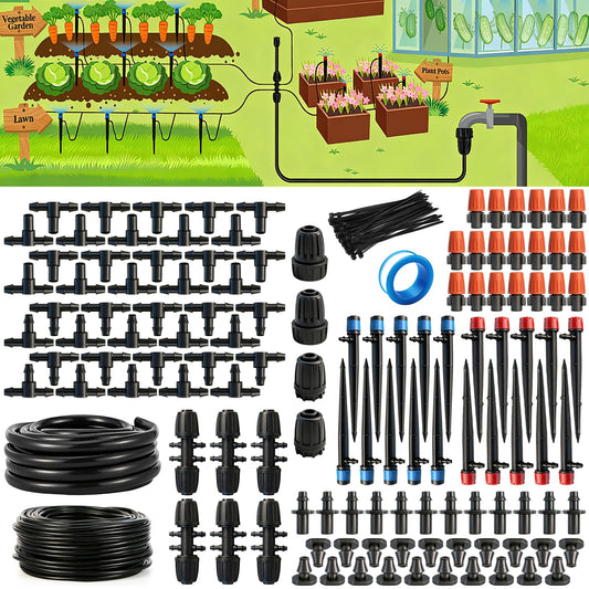 Aienxn 135PCS 240FT Drip Irrigation System Set, Automatic Drip Irrigation Kit for Greenhouse, Yard, Lawn, Plant, with 1/2 inch Hose, 1/4 inch Distribution Tubing and Accessories