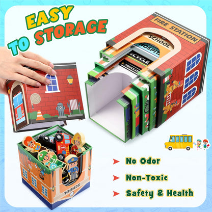 Baby Stacking Toys for Toddlers, Magnetic Wooden Cars & Garage Sorting Community Helpers Preschool Educational Learning Montessori Toys Birthday Gifts for Kids Number Blocks Nesting Boxes