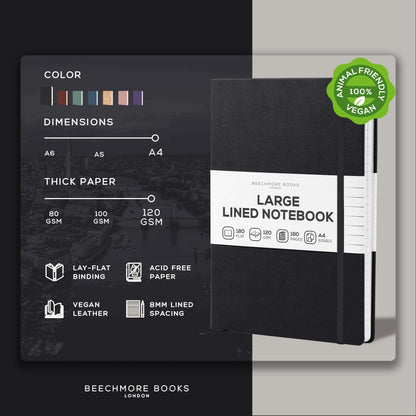 BEECHMORE BOOKS Large Lined Journal Notebook, 8.5" x 11.5" (A4) Hardcover Vegan Leather Executive Diary for Work, Thick 120gsm Paper, Lay-Flat Binding, Gift Box