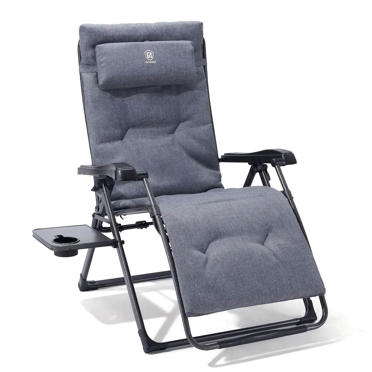 EVER ADVANCED Thick Padded Zero Gravity Chair, Oversized Reclining Lounge Chair with Adjustable Headrest & Cup Holder, Heavy Duty Support 350 lbs, Foldable for Camping, Lawn, Outdoor & Indoor, Gray