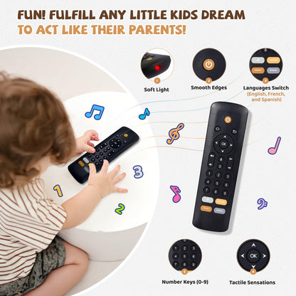 Baby TV Remote Toy with Lights & Sounds - Interactive Learning Toy (3 Languages: English/Spanish/French), 50+ Musical Sounds, Realistic Design - Perfect 1 Year Old Gift for Boys & Girls (Black)